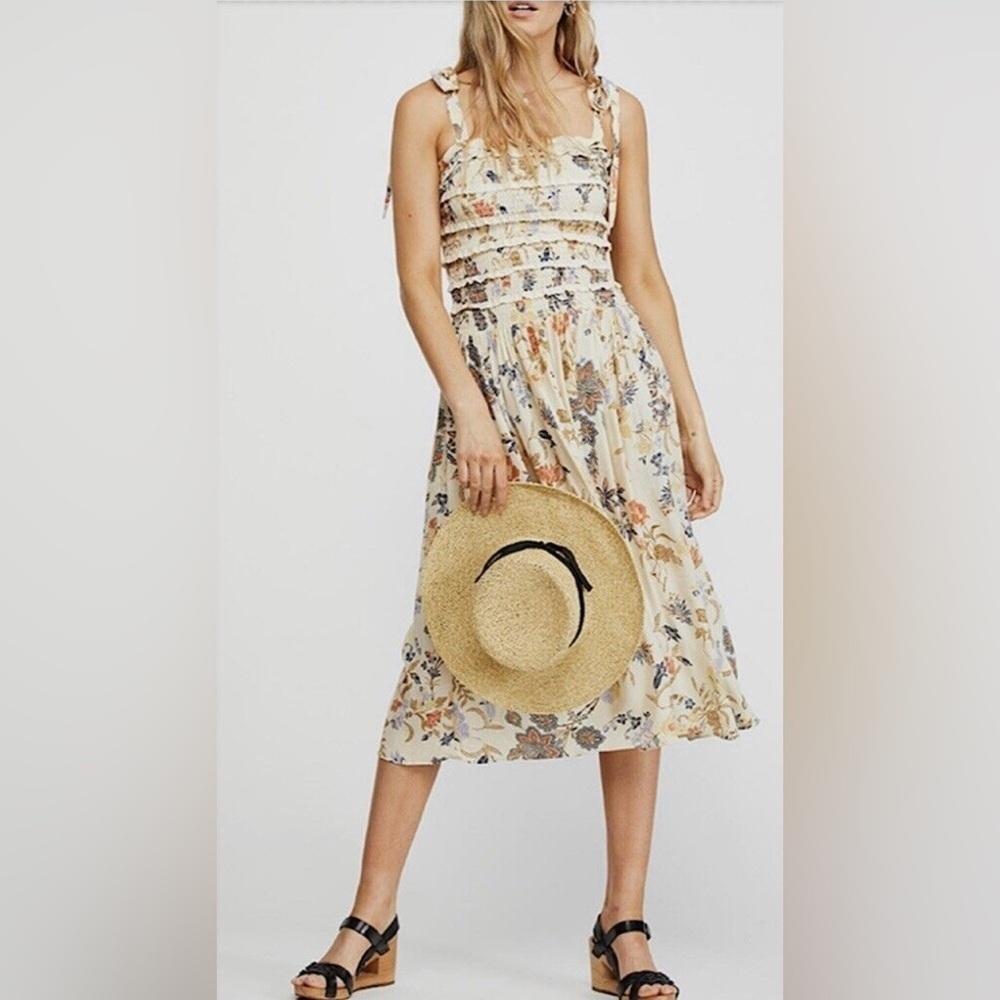 Free People Isla Floral Print Midi Dress Medium Ivory